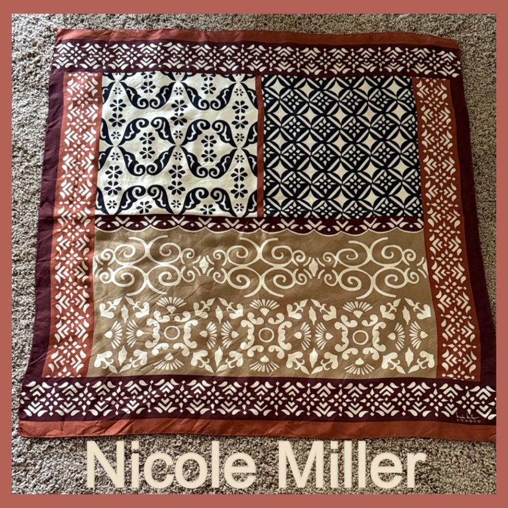 NICOLE MILLER Rust, Burgundy, Tan & Black Patterned Square Scarf ~ Vintage